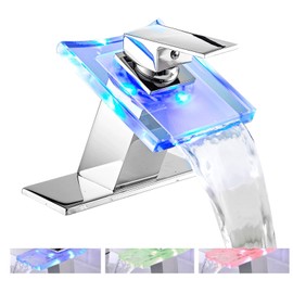 Bathroom Faucet LED Light 3 Colors Changing Waterfall Glass Spout Hot and Cold Water Mixer Single Handle One Hole Deck Mounted Bathroom Sink Faucet Chrome Lavatory Vanity Basin Mix Tap Commercial