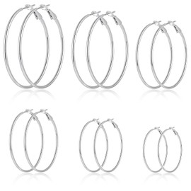 YUZHEDM 6 Pairs of Hoop Earrings Hoop Earrings, Hoops Large Small Mini Thin Lightweight Hypoallergenic Round Circle Fashion Jewellery Set for Women 20/30/40/50/60/70 mm, Stainless Steel, No Gemstone
