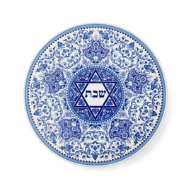 Spode Judaica Round Challah Tray, Traditional Blue & White Floral Star of David Design - Shabbat & Jewish Holiday Serving Plate for Bread, Pastries & Fruit - 11.5-Inch Fine Porcelain, Dishwasher Safe