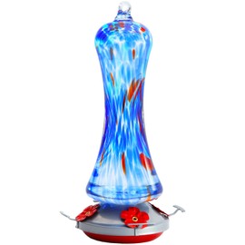 Hummingbird Feeder for Outdoors Hanging, Hand Blown Glass Hummingbird Present with Perch, Leak Proof, Never Fade, 4 Feeding Ports, 38 fl.oz, Include Hook, Ant Moat, Rope, Brush, Present for Garden