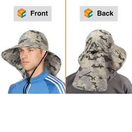 SUN CUBE Wide Brim Sun Hat with Neck Flap, Fishing Hiking for Men Women Safari, Neck Cover for Outdoor Sun Protection UPF50+ | Camo Gray