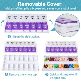 Shintop AM PM Pill Organizer 7 Day, Removable Lid Weekly Pill Box 2 Times Push Button Pill Case Medication Organizer for Vitamins, Supplements, and Fish Oil (Purple & White)