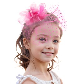 Zinniday Girls Tea Party Hat - Mini Pink Derby 2025 Feather Mesh Fascinators with Hair Clip, Kentucky 1920s 50s Victoria Headwear for Lady Women Girl Cocktail Costume Church Holiday Party Dress Up