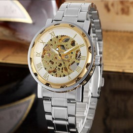 WINNER Men Hollow Full Automatic Mechanical Waterproof Watch Wristwatch (White   Gold)