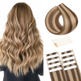 Tess Tape Extensions Real Hair Ombre Medium Brown/Dark Blonde #4/27, Tape Hair Pieces, Tape-In Hair Extensions, Remy Human Hair, Straight, 10 Pieces, 18 Inches (45 cm), 25 g