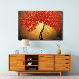 Wieco Art Red Flowers Oil Paintings Reproduction on Canvas Wall Art Ready to Hang for Bedroom Kitchen Home Decoration Large Modern 100% Hand Painted Stretched and Framed Pretty Abstract Floral Artwork