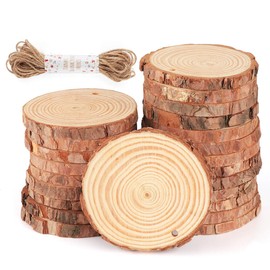 CMIOUEO Natural Wood Slices 30Pcs 3.1''-3.5'' Unfinished Wood kit with Pre-drilled Hole, Wood Slices Ornaments for Christmas DIY Rustic Crafts Wooden Circles Coasters Wedding Decor, 33 Feet Twine