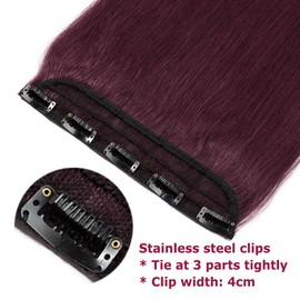 Clip in Human Hair Extension Wine Red One piece Soft Long Straight Remy Hair Weft Extension 5 Clips 50g (20''#99J)