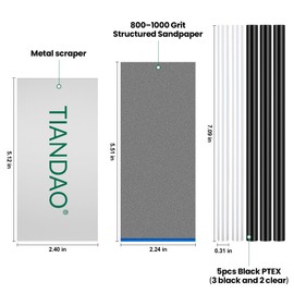 TIANDAO Ski & Snowboard P-TEX Base Repair Kit – 5 Black P-TEX Rods, 1 Structured Sandpaper, Stainless Steel Scraper – DIY Base Repair Tool Set