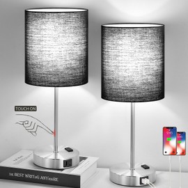 Lynnoland Set of 2 Touch Control Table Lamps with 2 USB & AC Outlet, 3-Way Dimmable Bedside Nightstand Lamps for Bedroom Living Room Nursery, 800 Lumens 5000K Daylight Bulbs Included