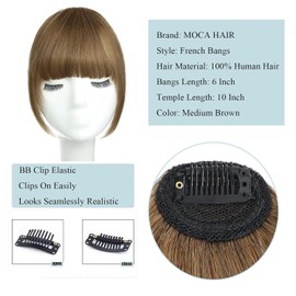 Clip In Bangs 100% Human Hair Extensions - French Medium Brown Real Human Hair Fake Bangs for Natural Hair