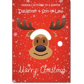 doodlecards Daughter and Son in Law Christmas Card Rudolph on Red Background Medium Size Christmas Card for Daughter & Son-in-Law with Plain Envelope