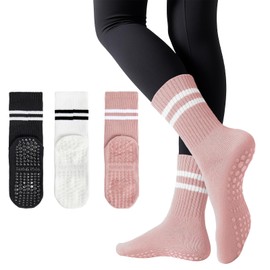 Pilates Socks with Grips for Women Yoga Non Slip Grippy Barre Dance Socks 3 Pairs-Black White Pink One Size