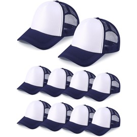 10 Pcs Sublimation Blank Trucker Hats Bulk Mesh Baseball Cap Polyester Mesh Trucker Hat for Men and Women (Navy and White)