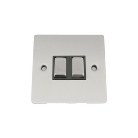 Light Switch Double 2 Gang - Satin Matt Chrome Flat - Black Insert - Metal Rocker Switch - 10 Amp 2 Gang 2 Way