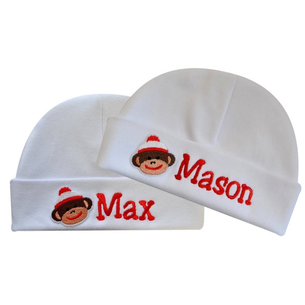 Funny Girl Designs Twin Baby Hat Set Embroidered with Sock