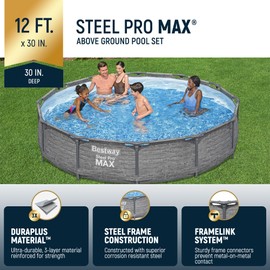 Bestway Steel Pro MAX 12' x 30" Round Above Ground Swimming Pool Set Outdoor Metal Frame Family Pool with Liner and Filter Pump, Gray