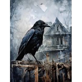 TUTUMAY21 5D Diamond Art Painting Kits for Adults Raven Crow Superimposed Over House Dark Round Full Drill DIY Gems Cross Stitch Art Kit Canvas Painting by Diamond Mosaic Craft 12x16inch