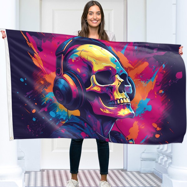 Skull with Headphones Flag - Music Large Funny Flag -