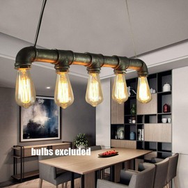 TFCFL 5-Light Water Pipe Chandelier, 25.6" Length Industrial Vintage Hanging Pendant Lamp Wrought Iron Ceiling Light Fixture for Living Room Bedroom Farmhouse (Black)