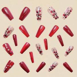 Flower Press on Nails Medium Square Spring Summer Nails Press Floral Fake Nails Red Glitter Design Glue on Nails Glossy Floral False Nails Full Cover Acrylic Stick Nails for Women Girls 24PCS