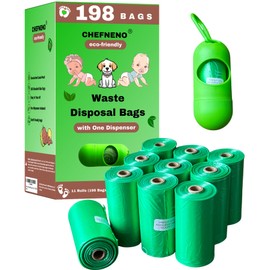 Baby Diaper Disposable Bags Biodegradable 11 Refill Rolls with Dispenser (198 Bags) Diaper Sacks Disposable Dog Poop Waste Bags Cat Litter Clump & Poop Bag Sanitary Pad Waste Bags (198 Bags)