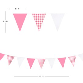 32Ft Pink Party Decorations Buffalo Plaid White and Pink Checkered Fabric Triangle Pennant Banner Flag Gingham Bunting Garland for Wedding Birthday Bridal Shower Engagement Baby Shower Picnic Decor