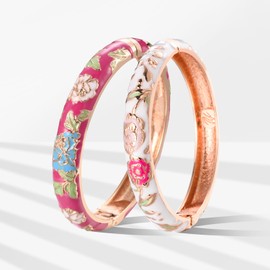 UJOY Fashion Cloisonne Bracelets Set Gold Plated Enameled Jewelry Spring Hinged Metal Cuff Bangles Gift Box Packed 55A106-55A113 White Rose