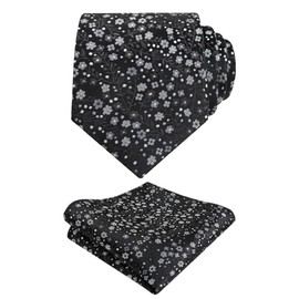 Alizeal Mens 3.15inches Exquisite Floral Tie with Small Flower Printed Pocket Square, Black+Gray+White