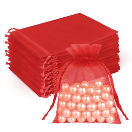 Crweety 50 Pcs Red Organza Bags 3x4 In, Small Mesh Gift Bags with Drawstring, Sheer Gift Pouch for Jewelry Candy Sachet Wedding Party Favor, Bridal Shower, Christmas Decor