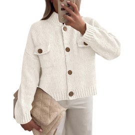 KIRUNDO Cardigan Sweaters for Women Fall Trendy Button Down Long Sleeve Mock Neck Open Front Loose Knit Jacket Outwear Coats(White, Medium)