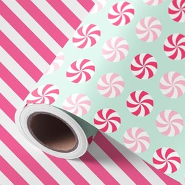 JarThenaAMCS Christmas Candy Wrapping Paper - Mini Roll - 17 In x 32.8 Ft Pink Green Peppermint Stripe Gift Wrap Paper for DIY Crafts Xmas Birthday Holiday Party, Double-Sided