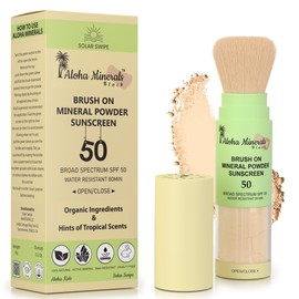 Solar Swipe, Aloha Minerals Block Brush-On Mineral Powder Sunscreen For Face, SPF 50, Water Resistant, Broad Spectrum, Natural Mineral Blend, Oil Abrosbent, Tropical Scent, Carrot Seed Extract, 0.21oz