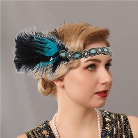 Foyte 1920's Flapper Headband Pearl Peacock Black Feather Head Bands Jewelry Leaf Rhinestone Headpiece Costume Accessories for Women and Girls (Blue Feather)