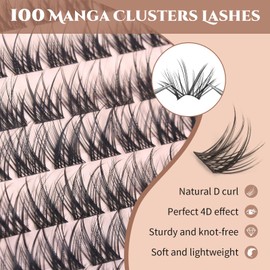 100Pcs Lash Clusters,10-16mm Individual D Curl Manga Individual Lashes, DIY Eyelash Extension Kit,Cat Eye Lashes, Natural Look Manhwa Lashes (03 Tuberose）
