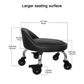 Vapaa taide Rolling Stool with Backrest 450 Lbs High Weight Capacity PU Leather Roller Seat and Heavy-Duty Crystal Universal Wheels for Men Women Boy Girl Furniture Gift, Home Office Black