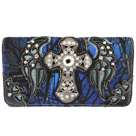 Western Camouflage Cross Wings Country Purse Single Shoulder Bags Clutch Women Blocking Wristlet Wallet (Blue)