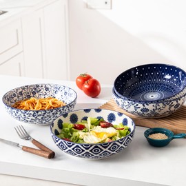 Cerkik Ceramic Large Pasta Bowls - 45 OZ Salad Bowls 8 inch Wide Serving Bowls for Soup Dessert Noodle Dinner Fruit Bowls - Microwave Dishwasher Safe - Set of 4 - Vintage Blue