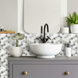 RoomMates TIL4278FLT StickTiles White and Gray Hexagons Peel and Stick Tile Backsplash