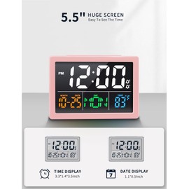 Digital Alarm Clock, with 5.5" Large LED Time Display, Adjustable Alarm Volume, 6 Level Brightness, Alarm Settings, USB Charger, Temperature Detect, Snooze, Clocks for Bedroom, Bedside, Desk, Pink
