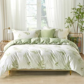 SAPHREAS Green Botanical Leaf Duvet Cover Set Queen Size 3pcs Tropical Leaves Bedding Comforter Cover Set Cotton Soft Breathable 1 Duvet Cover 2 Pillow Shams, Comforter Not Included