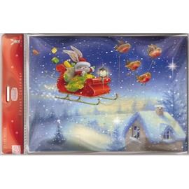 Medici Advent Christmas Calendar with 24 Doors and White Mailing Envelope Bebunni over the rooftop 9.5 x 13 inches ACL0002 Bunny Rabbit Santa in sleigh with robins