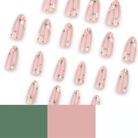 Flower Press on Nails Medium Almond Fake Nails Glossy Pink Glue on Nails Summer False Nails Full Cover Stick on Nails Cute Acrylic Artificial Nails Daisy Nails Press on for Women 24Pcs