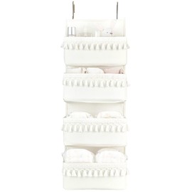 Dahey Over The Door Organizer Boho Nursery Storage Decor Closet Hanging Organizer with Tassels Decoration for Bedroom Nursery Bathroom Apartments Dorm Pantry, 4 Pockets, White