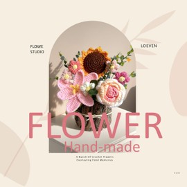 LOEVEN Crochet Flowers, Sunflower Tulip Rose in Wooden Basket, Crochet Flower Bouquet, Carnation, Preserved Flower, Handmade Knitted Bouquet for Mother Birthday Home Decor Girlfriend (Pink)