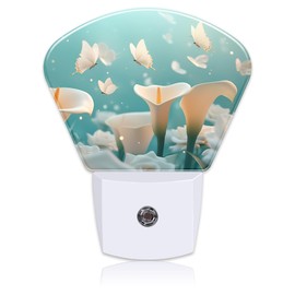 White Calla Lily Night Light Plug into Wall, White Butterfly Night Light with Dusk to Dawn Sensor for Kid Girls Boys Women Men Room, Hallway, Kitchen, Bathroom, Stairs Decor