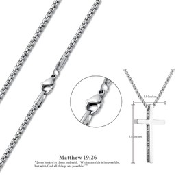 Pivza Stainless Steel Men's Cross Necklace with Scripture | 20-Inch Silver Chain | Inspirational Bible Verse Pendant | Durable & Stylish Christian Jewelry (Matthew 19:26, 20 inches)
