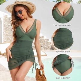 Zaverse Women's One Piece Swimsuits Tummy Control Swim Dress Mesh Sheer Sarong Wraps Bathing Suits Curvy Slimming Swimwear Army Green