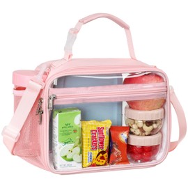 PACKISM Clear Lunch Bag for Girls - Reusable Clear Lunch Box for School with Adjustable Shoulder Strap, Back to School Heavy Duty Transparent Stadium Approved Lunch Snack Bag for Travel Picnic, Pink
