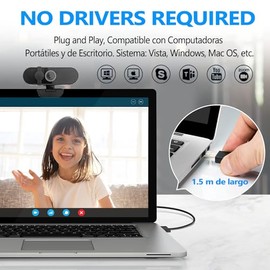 Webcam Cámara Web Full HD 1080p 30fps con Micrófono Integrado - Webcam con Cover-Plug and Play USB para PC/Mac/Portátiles - Ideal para Clases Online, 
